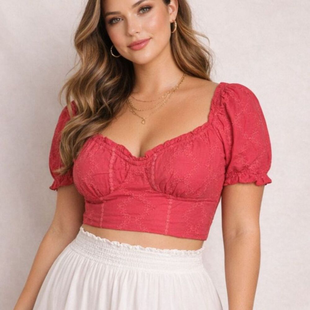 Iris Size L Red Puff Short Sleeve Embroidery Smocked Peasant Crop Top